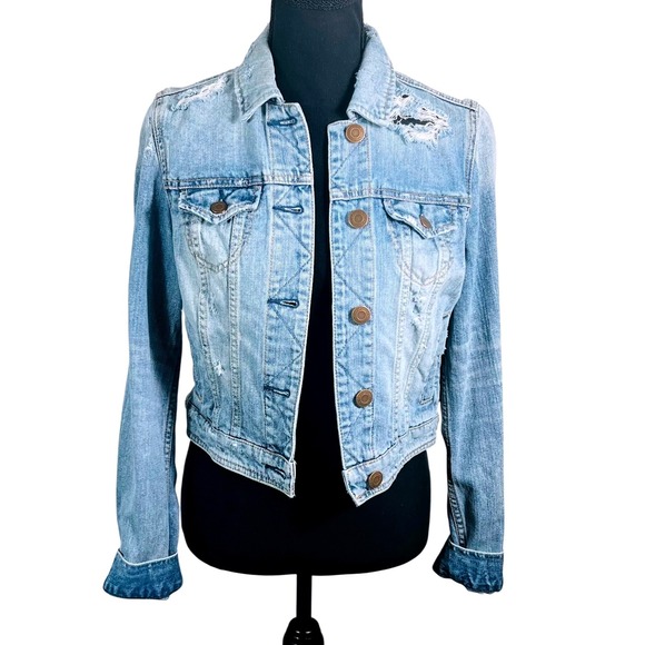 American Eagle Outfitters Jackets & Blazers - American Eagle Distressed Denim Jacket Aztec Embroidered‎ Back Small Petite